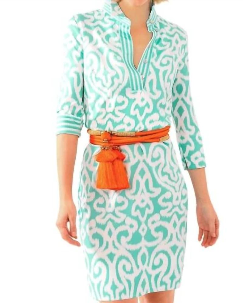 Front of a model wearing a size XL Everywhere Dress - Arabesque In Turquoise in Turquoise by GRETCHEN SCOTT. | dia_product_style_image_id:346714